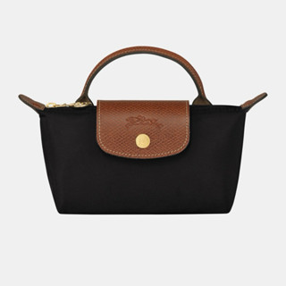 CHÍNH HÃNG - MINI SIZE - TÚI LONGCHAMP LE PLIAGE ORIGINAL POUCH WITH HANDLE - BLACK - Túi xách màu đen, quai nắp nâu