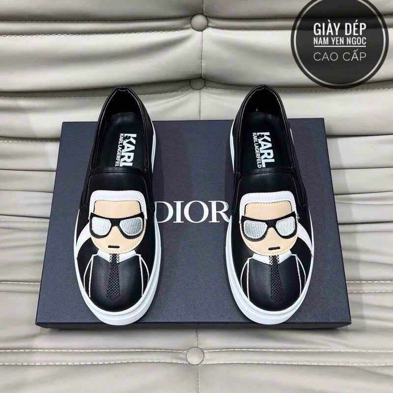 Giày slipon lười nam Karl da Pu thêu hình búp bê da đeo kính đế cao su non cao cấp boy phố