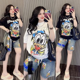 Bigsize 60-90kg Set bộ áo cottong in hình phối quần ngố bò giấy cho nữ, set áo thun phối quần jean giấy lưng thun