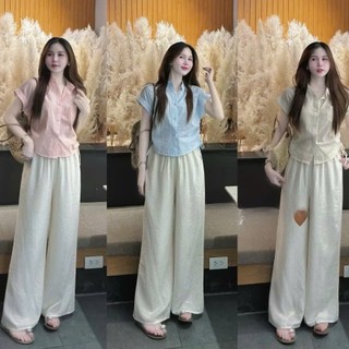 Sét đồ bộ nữ áo kiểu tay dơi, gài nút mix quần dài ống rộng dành cho các nàng diện đi làm, đi chơi siêu xinh, năng động.