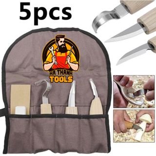 Bộ 5 Dao Đục Tỉa Gỗ Bằng Inox [ Có Túi Đựng + Dụng Cụ Mài Lưỡi Dao ] - Bộ Dao Điêu Khắc Gỗ Nhật Bản