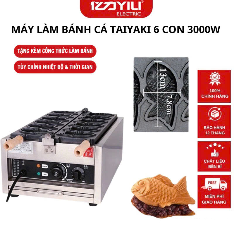 Máy làm bánh cá Taiyaki 6 con cỡ lớn dùng điện CNN6. Máy nướng bánh công nghiệp công suất 3000W - Bảo hành 12 tháng