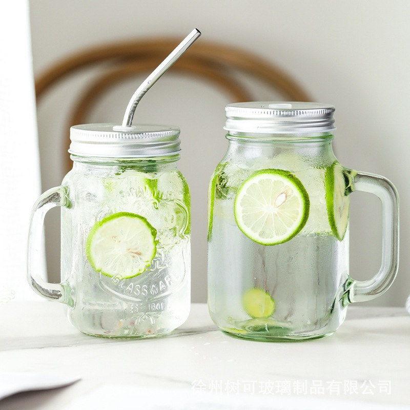 [ Hộp 06 ] Ly Thủy Tinh Có Quai 480ml, 650ml, 730ml Nắp Thiết | Tùy Chọn Nắp Có Lỗ Hoặc Không Lỗ