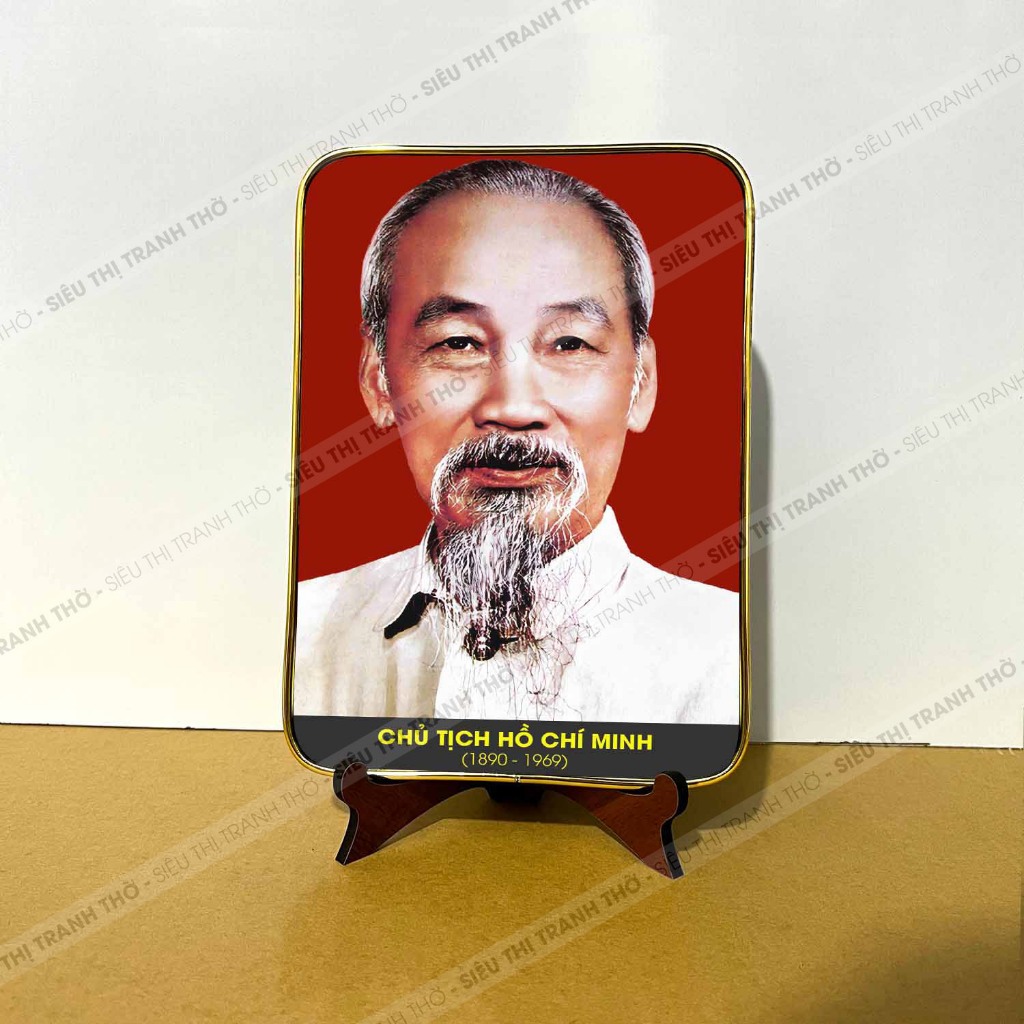 Tranh BÁC HỒ để bàn 15x21cm chân gỗ, mặt mica viền vàng đồng đẹp mắt