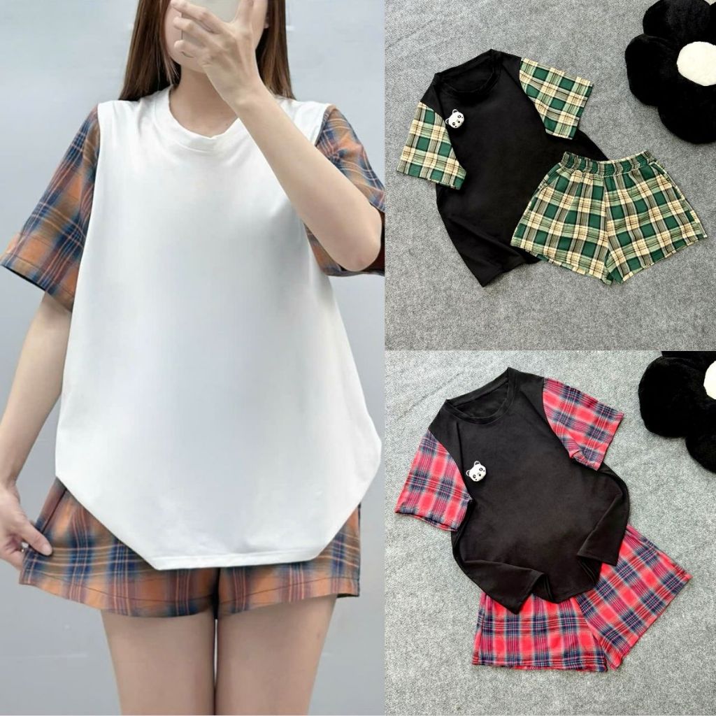 Set Bộ Đồ Bigsize Nữ Áo Thun Tay Ngắn Phối Caro Kèm Quần Đùi Lưng Thun Cá Tính Có Túi Vải Cotong 2 Da Phom Rộng SET840