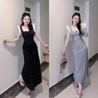 Đầm váy nữ dáng dài ôm body 2 màu kèm họa tiết chấm bi xinh xắn, đáng yêu [676]