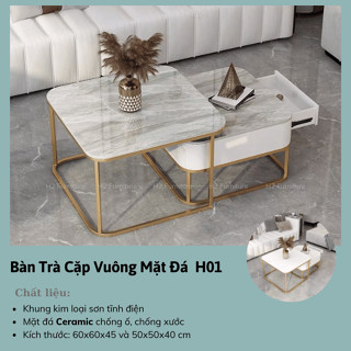  Bàn trà sofa vuông 1 nan mặt đá CERAMIC chống ố xước có hộp ngăn kéo tiện dụng H2 Furniture 