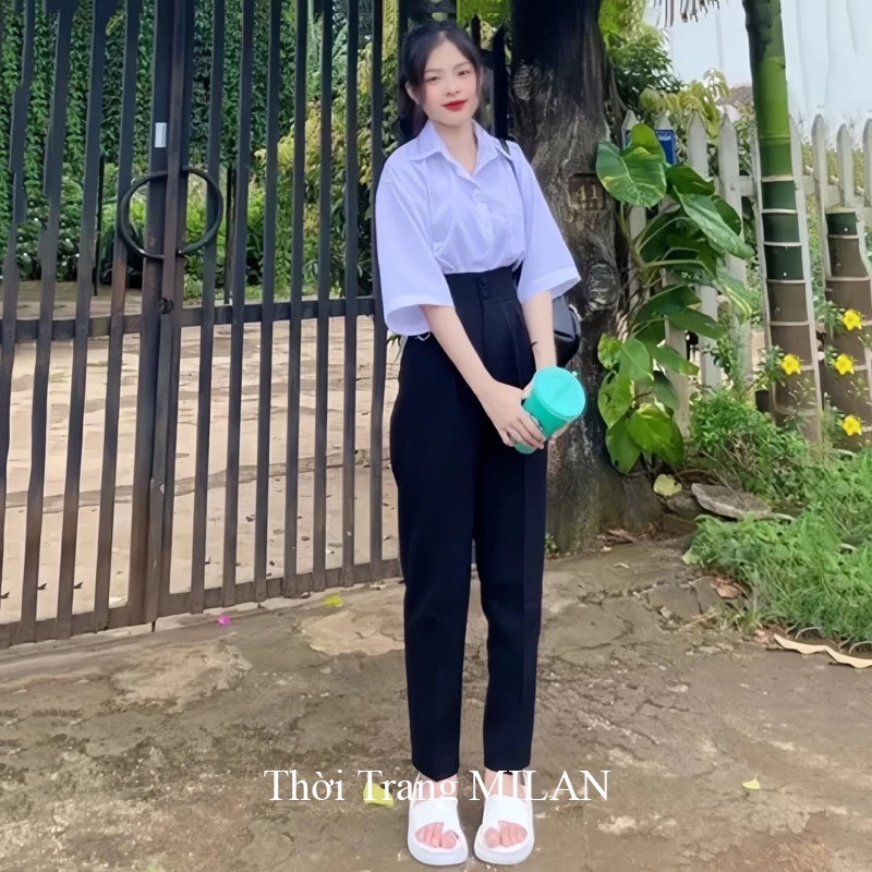 Quần baggy tây nữ đi học cạp cao M625 bản to 2 cúc cài màu Đen dáng quần vải nữ lưng cao học sinh cấp 3 đi học công sở | BigBuy360 - bigbuy360.vn