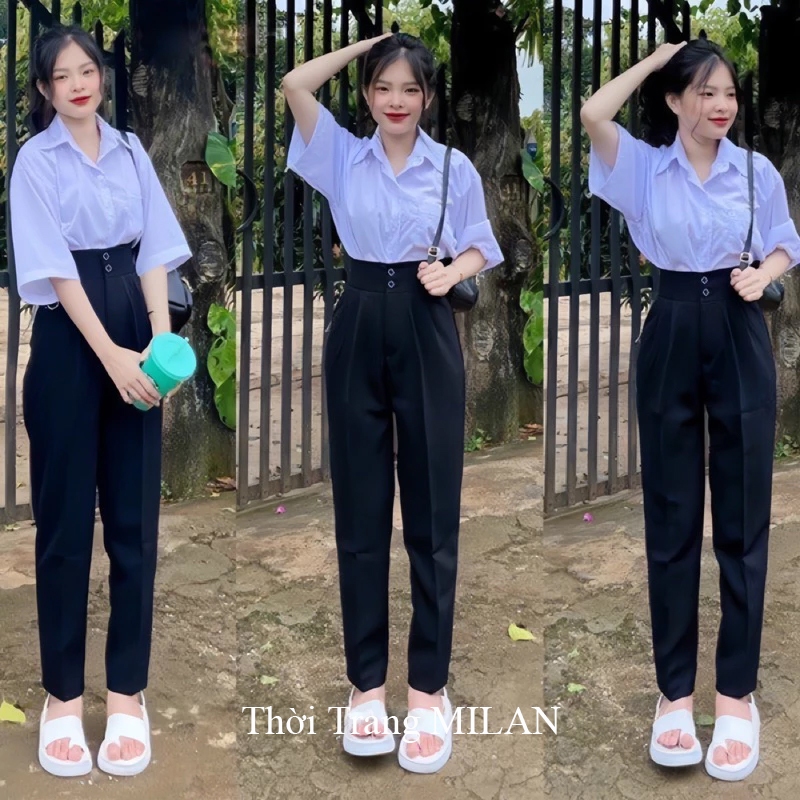Quần baggy tây nữ đi học cạp cao M625 bản to 2 cúc cài màu Đen dáng quần vải nữ lưng cao học sinh cấp 3 đi học công sở | BigBuy360 - bigbuy360.vn
