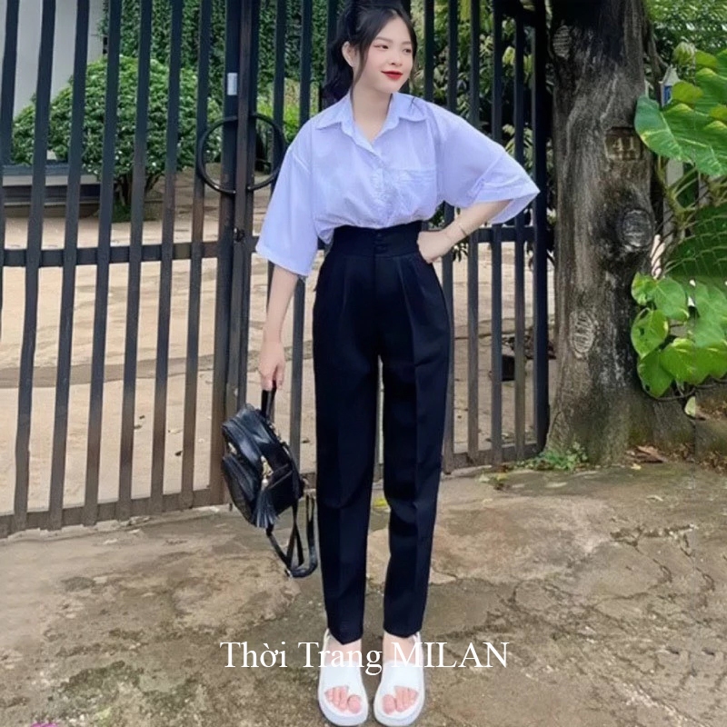 Quần baggy tây nữ đi học cạp cao M625 bản to 2 cúc cài màu Đen dáng quần vải nữ lưng cao học sinh cấp 3 đi học công sở | BigBuy360 - bigbuy360.vn