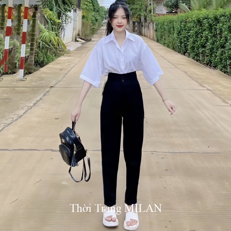 Quần baggy tây nữ đi học cạp cao M625 bản to 2 cúc cài màu Đen dáng quần vải nữ lưng cao học sinh cấp 3 đi học công sở | BigBuy360 - bigbuy360.vn