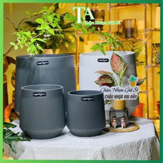 Chậu nhựa trồng cây hai đáy Cao Cấp,Chậu giả gốm vân dọc Nhập Khẩu đơn giản,nhẹ nhàng,sang trọng