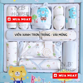 [Xả Kho - Set đồ mùa hè] Hộp Quà Set Đồ Sơ Sinh Cao Cấp 14 Chi Tiết Cho Bé Trai Và Bé Gái | Viền Xanh | Vải Dày Mát