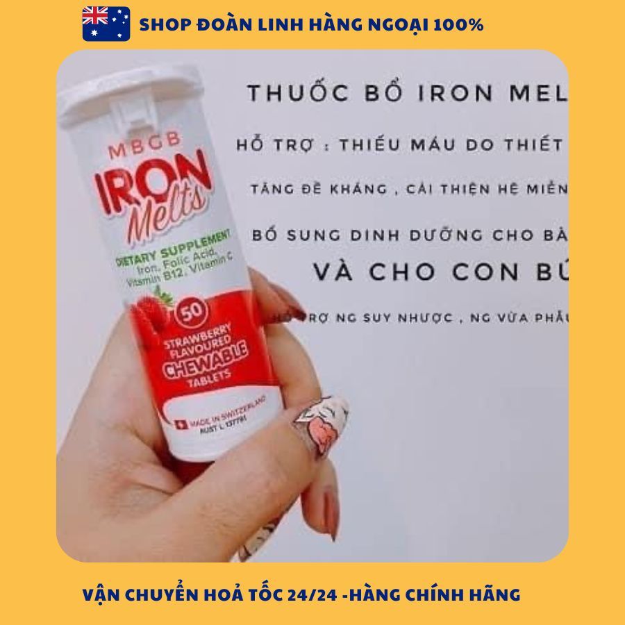 Viên ngậm bổ sung sắt Iron Melts Chewable vị dâu 50 viên; Hàng Chuẩn Úc