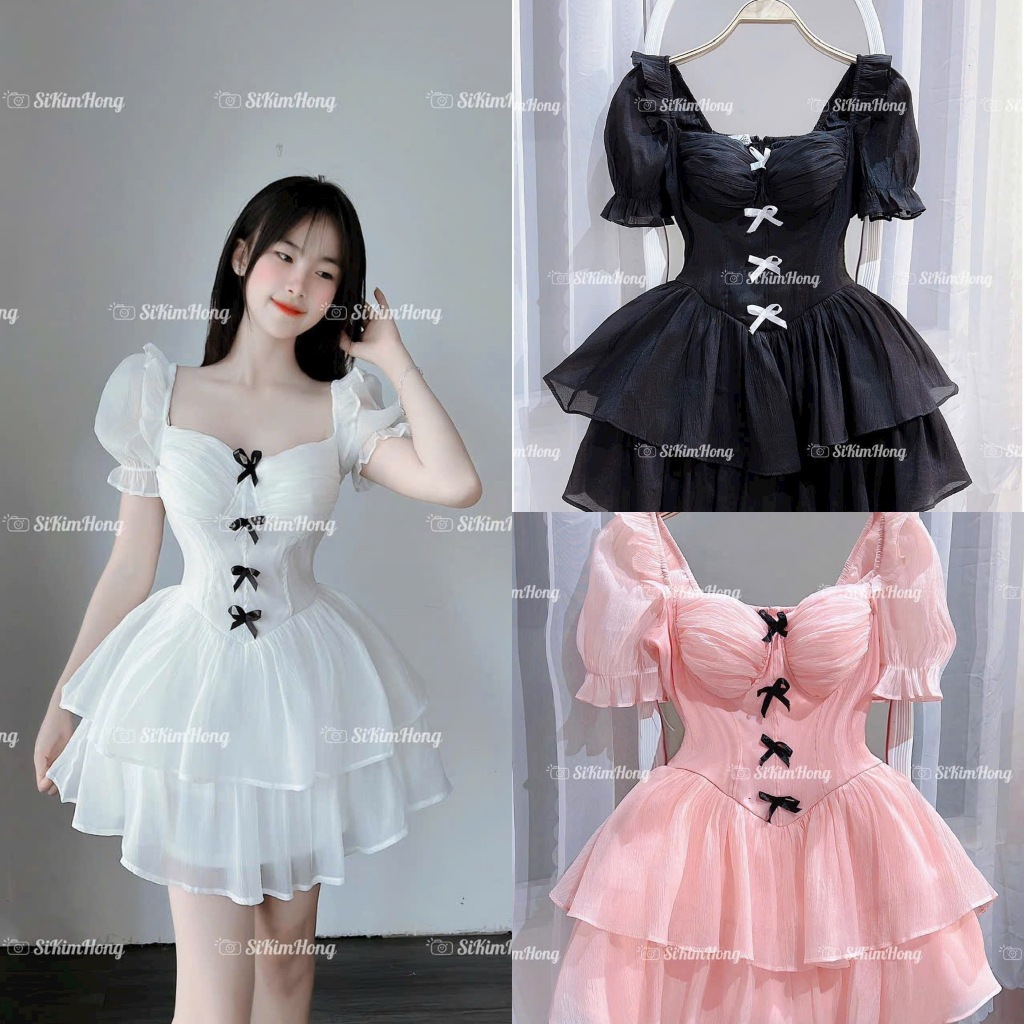 Đầm nữ tay phồng kết nơ dáng xoè ngắn mini 2 tầng chất tơ nến cho nàng đi chơi và dự tiệc T33