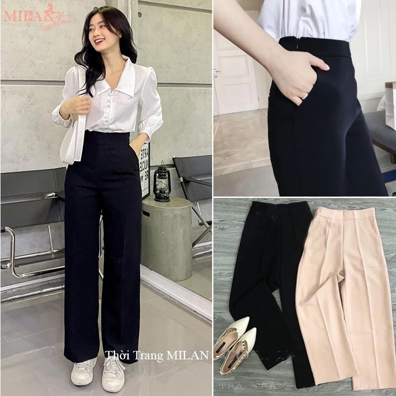 Quần ống rộng lưng cao khóa sườn hông đi học làm công sở màu Đen dáng quần tây nữ lưng cao ống suông rộng dài vải dày