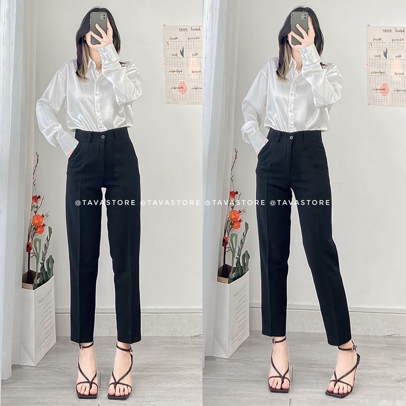 Quần tây nữ lưng cao đi học làm công sở màu Đen Xanh ống đứng dáng dài - Quần baggy vải cạp cao nữ học sinh viên đi làm