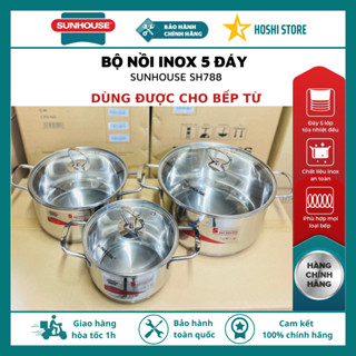 Bộ nồi inox 5 đáy cao cấp Sunhouse SHG788 đa dạng kích thước 16-20-24cm, phù hợp với mọi loại bếp