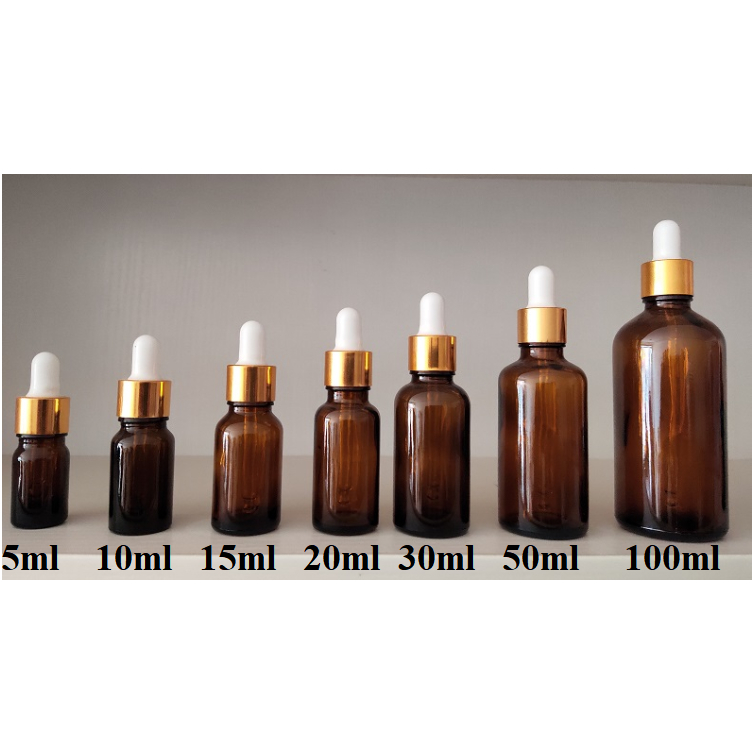 Chai thủy tinh rỗng NÂU nắp bóp VÀNG 5ml/10ml/15ml/20ml/30ml/50ml/100ml, chai chiết serum mỹ phẩm, lọ đựng tinh dầu du l