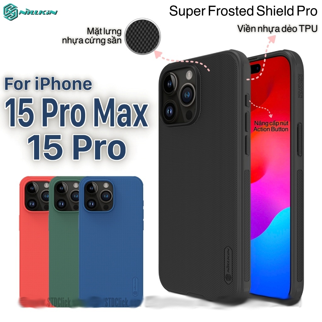 ỐP LƯNG IPHONE 15 PRO MAX - 15 PRO và 14 PRO MAX NILLKIN NHỰA CỨNG VIỀN DẺO - Super Frosted Shield P