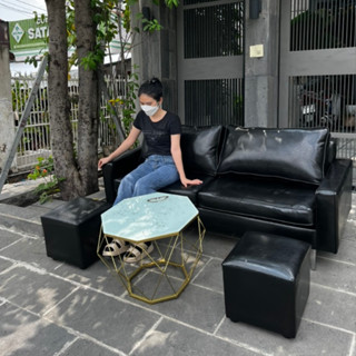 Bộ Sofa Băng Phòng Khách Dài 1m8 Màu Đen Chất Giả Da Sang Trọng Kèm Đôn Gối Và Bàn