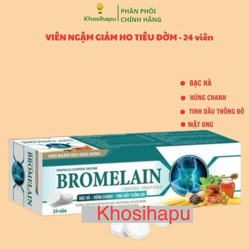 Viên kẹo Ngậm ho Keo Ong Xanh Propolis Lusopeen Enzyme Bromelain  HYSOCOOL FRESH GOLD giúp giảm ho ngứa họng 24 viên