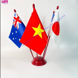 Bộ đế gỗ cắm cờ 5 nước tuỳ chọn các nước theo yêu cầu