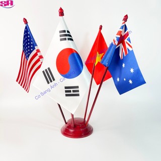 Bộ đế gỗ cắm cờ 5 nước tuỳ chọn các nước theo yêu cầu