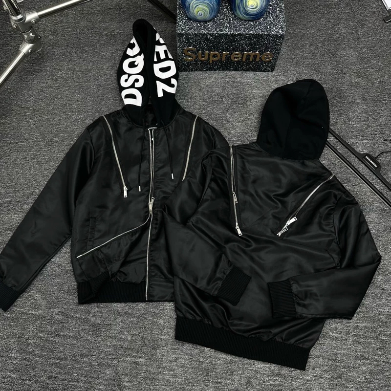 Áo khoác mũ nam nữ Dsq vải gió dù khoá zip hai vai phối mũ nỉ bông in chữ DSQ trên mũ - áo gió 2 khóa vai cực cháy