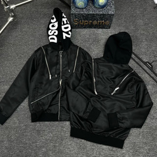 Áo khoác mũ nam nữ Dsq vải gió dù khoá zip hai vai phối mũ nỉ bông in chữ DSQ trên mũ - áo gió 2 khóa vai cực cháy