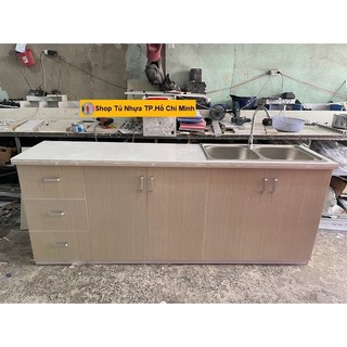 Tủ Bếp Nhựa Đài Loan Cao 81cm Ngang 2m02 Sâu 42cm Bồn Đôi Màu Gỗ Sồi TB026