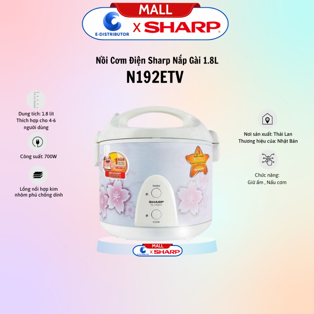[HỎA TỐC] Nồi cơm điện Sharp KS-N192ETV SP - Dung tích 1.8 Lít - Hàng chính hãng