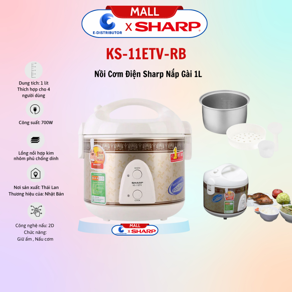 [HỎA TỐC] Nồi cơm điện nắp gài Sharp KS-11ETV RB (dung tích 1L) - Hàng chính hãng