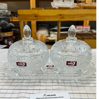 SALE NGHỈ TẾt TG1074/L3 Âu Thố Hũ Đôi Trắng Thủy Tinh kèm Đĩa Thủy Tinh đựng mứt hạt dưa có nắp dày dặn chất lượng