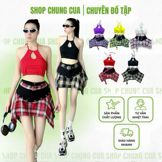 VÁY TẬP NỮ KẺ KARO ĐAI KHUYÊN mix áo bra, bộ tập zumba, shuttle dance, sports nhiều màu lựa chọn