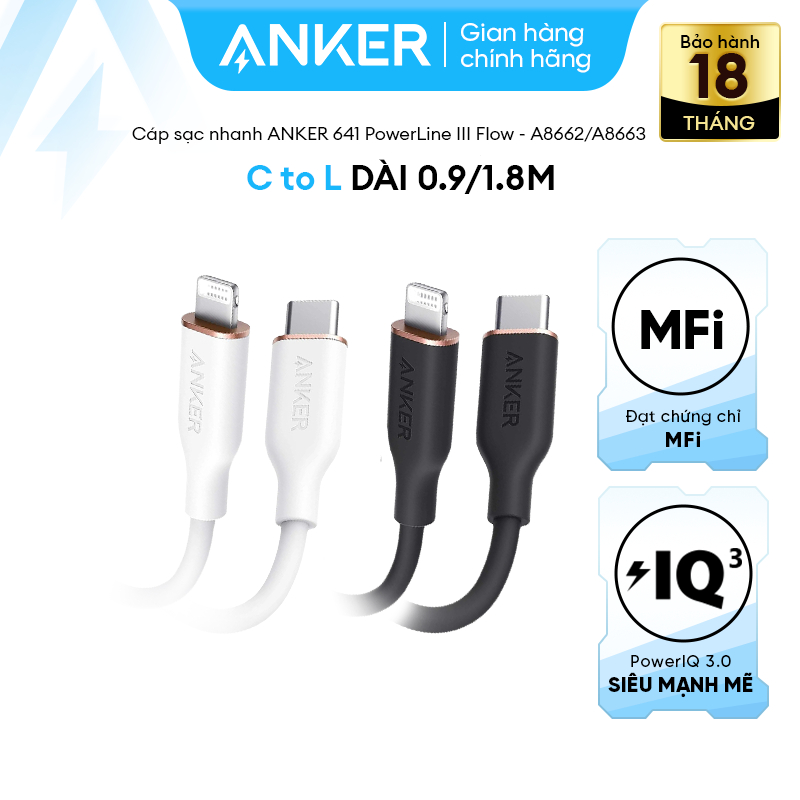 Cáp Sạc Nhanh ANKER 641 PowerLine III Flow USB-C to L - Đạt MFi - Chất liệu Silicone - Cho iPhone 8-14 & iPad - A8662/3