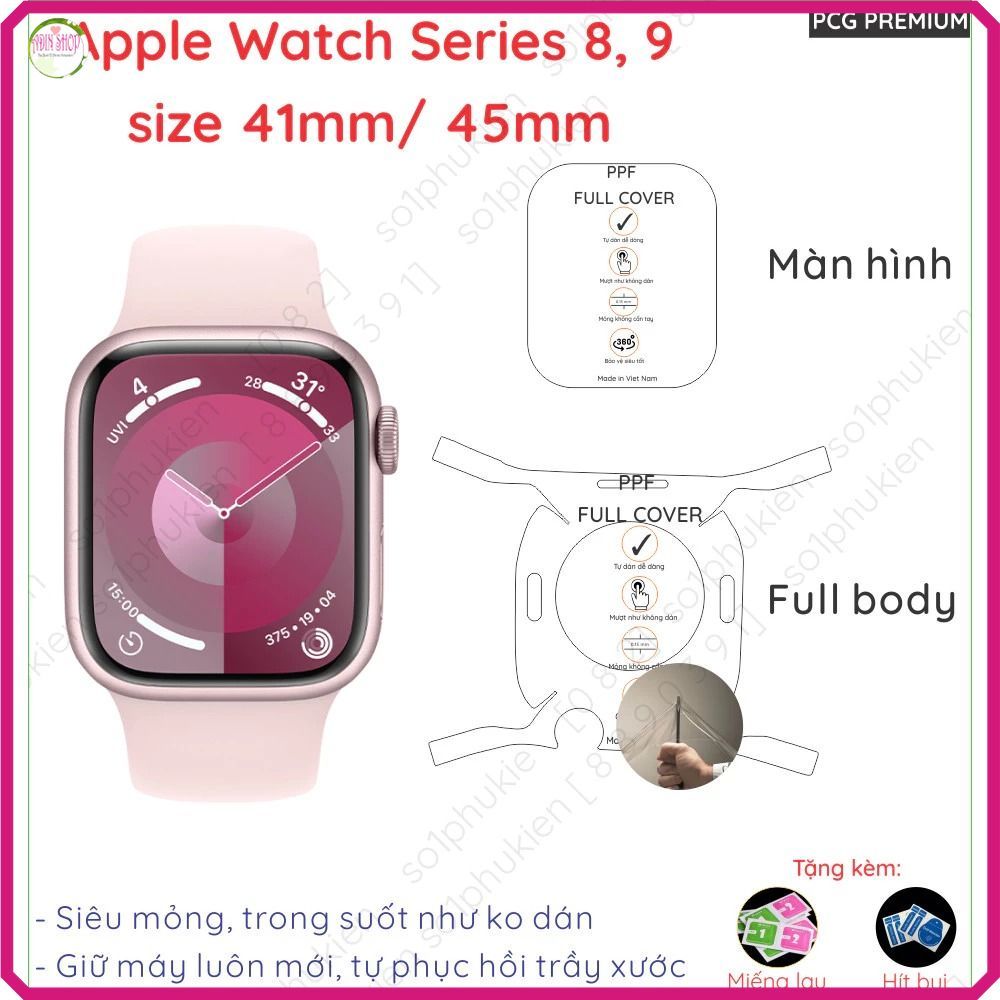 (2 tấm) Dán PPF Dành Cho Apple Watch Series 8, 9 size 41mm/ 45mm Chống Trầy Xước Màn Hình, tự phục h
