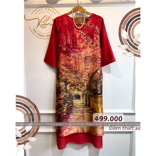 Đầm lụa trung niên thiết kế 2 tầng cách điệu họa tiết bức tranh thiên nhiên gần gũi thanh lịch