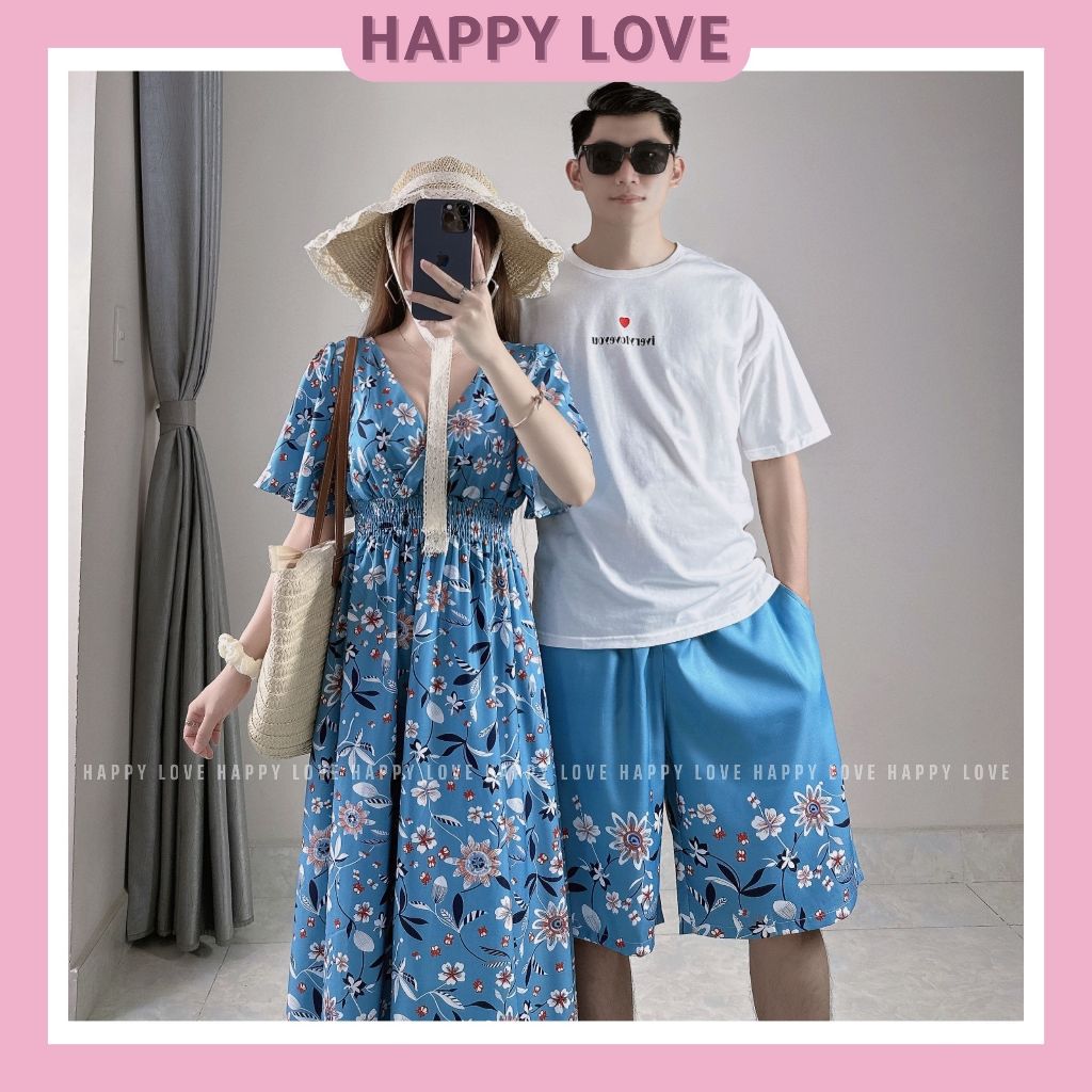 Đồ đôi đi biển áo phông nam kèm quần váy nữ maxi màu xanh họa tiết hoa lá HAPPY LOVE H054
