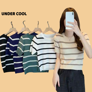 Áo len cộc thun dệt kim nữ UNDERCOOL, cộc tay, kiểu kẻ sọc, cổ tròn len mongtoghi dáng ngắn phong cách Hàn ACT39
