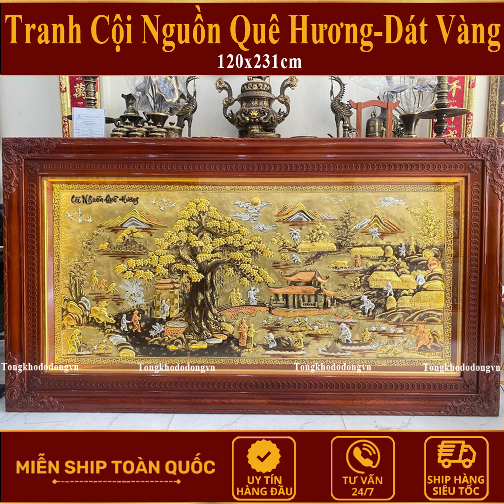 Tranh Đồng Quê Đẹp Bằng Đồng 2m31*1m2 Dát V.àng 24K Kèm Đèn Led Tranh Đồng Quê Hương Đồ Đồng Đại Bái