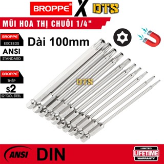 Mũi hoa thị có lỗ từ tính dài 100mm BROPPE | Mũi vít hoa thị chuôi lục giác nam châm trợ lực, thép S2 siêu bền chân 1/4"