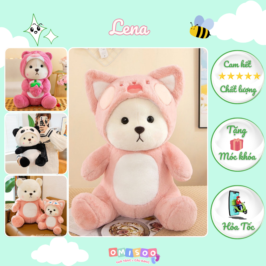 Gấu bông Lena cosplay cute, Lena gấu trúc, Lena cáo hồng, Lena ôm dâu tây, Gấu bông cute Omisoo
