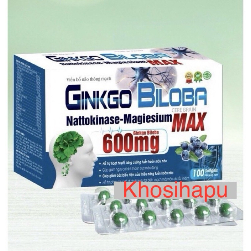 Viên uống bổ não thông mạch Ginkgo Biloba 600mg hỗ trợ hoạt huyết tăng cường tuần hoàn não phục hồi sau biến chứng 100v