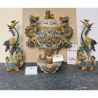 Bộ Đỉnh hạc Tam sự Chân Sứ Men rạn Đắp nổi - Gốm sứ Bát Tràng