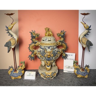 Bộ Đỉnh hạc Tam sự Chân Đồng Men rạn Đắp nổi - Gốm sứ Bát Tràng