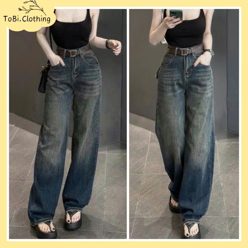 Quần jean ống suông rộng màu xanh đậm bạc đùi - 5668