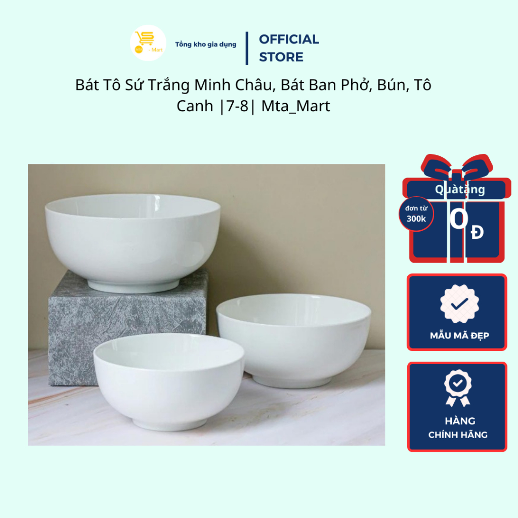 Bát/Tô Sứ Trắng Minh Châu Sâu, Bát Ban Phở, Bún, Tô Canh |7-8| Mta_Mart
