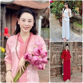 Đồ lam đi chùa nữ chất lụa phối gấm mẫu đơn tay lỡ Thiên Di - Pháp phục cao cấp dành cho phật tử D16