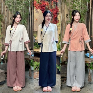 Đồ lam đi chùa nữ, pháp phục lễ chùa chất vải Linen thêu chữ tâm phối hoa sen cao cấp Thiên Di D18